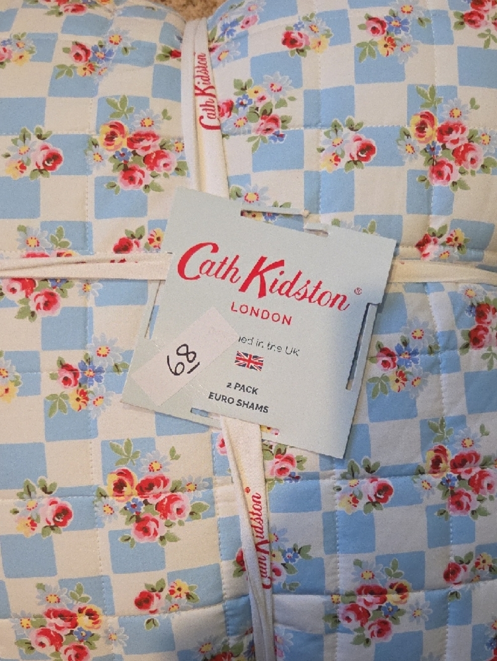 Cath Kidston Blue and White Floral Check Euro Shams - Pair - Picture 2 of 3